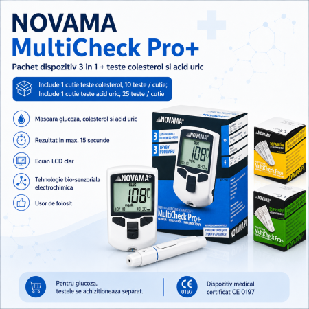 Pachet dispozitiv 3 in 1 pentru masurarea nivelului de glucoza, colesterol si acid uric Novama MultiCheck Pro +, teste colesterol si acid uric [1]
