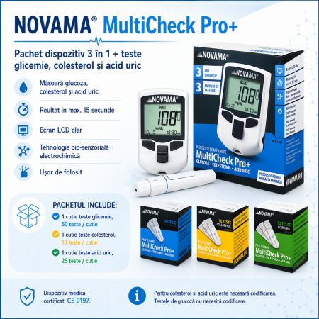 Pachet dispozitiv 3 in 1 pentru masurarea nivelului de glucoza, colesterol si acid uric Novama MultiCheck Pro +, teste colesterol, teste glicemie, teste acid uric [1]