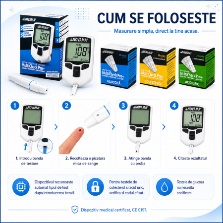 Pachet dispozitiv 3 in 1 pentru masurarea nivelului de glucoza, colesterol si acid uric Novama MultiCheck Pro +, teste colesterol, teste glicemie, teste acid uric [3]
