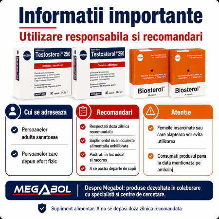 Pachet Megabol Biosterol 750 mg, 60 cps plus Testosterol 250, 60 cps, stimulare testosteron si hormon de crestere, inhibare estrogen [4]