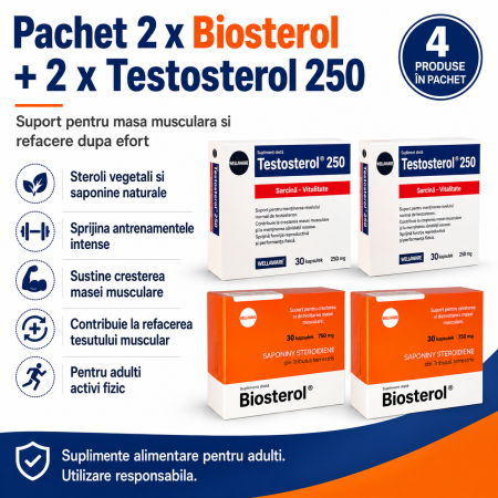 Pachet Megabol Biosterol 750 mg, 60 cps plus Testosterol 250, 60 cps, stimulare testosteron si hormon de crestere, inhibare estrogen [1]