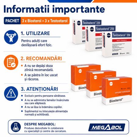 Pachet Megabol Biosterol 750 mg, 90 cps plus Testosterol 250, 90 cps, stimulare testosteron si hormon de crestere, inhibare estrogen [4]
