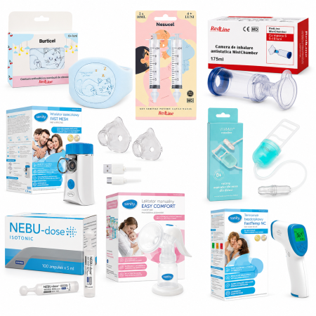 Aspiratoare si irigatoare nazale - Pachet nou nascuti baietel, centura anticolici, seringi lavaj nazal, camera de inhalare, aparat de aerosoli, aspirator nazal, ser fiziologic izotonic, pompa manuala de san, termometru non-contact