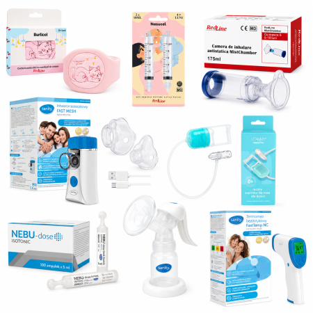 Aspiratoare si irigatoare nazale - Pachet nou nascuti fetita, centura anticolici, seringi lavaj nazal, camera de inhalare, aparat de aerosoli, aspirator nazal, ser fiziologic izotonic, pompa manuala de san, termometru non-contact