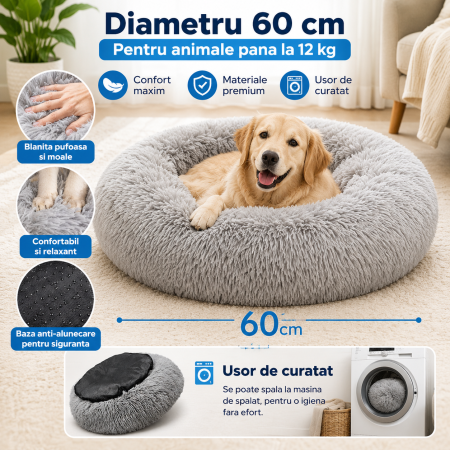 Pat pentru animale, material moale si plusat, baza antiderapanta, 60 cm diametru, Gri [2]