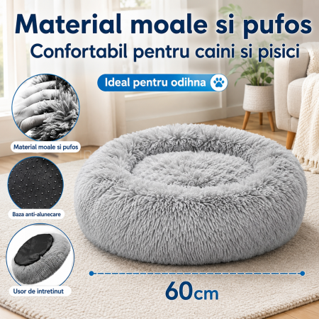 Pat pentru animale, material moale si plusat, baza antiderapanta, 60 cm diametru, Gri [1]