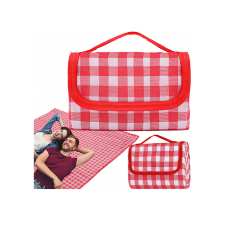 Patura picnic, pliabila cu maner, saltea iarba camping, model carouri rosu, 200x200 cm [1]