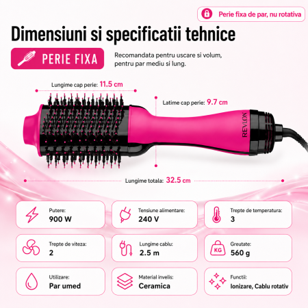 Perie electrica fixa REVLON One-Step Hair Dryer & Volumizer, RVDR5222PE, pentru par mediu si lung, Roz [2]