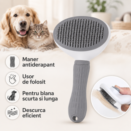 Perie pentru indepartarea parului de animale, cu autocuratare, ace groase cu capete rotunjite, maner antiderapant, sigur si eficient, Gri [3]