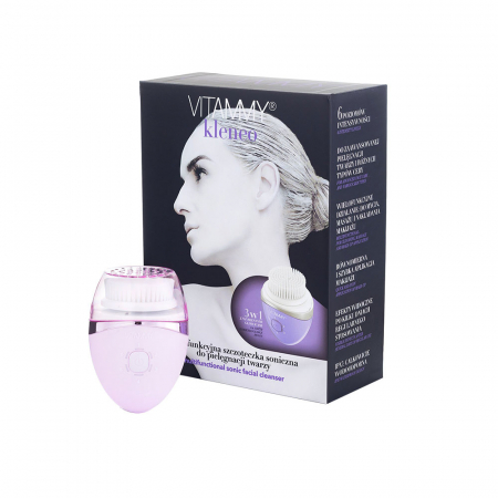 Ingrijire faciala - Perie sonica multifunctionala Vitammy Kleneo pentru ingrijirea fetei, 3 capete interschimbabile, 6 niveluri de intensitate, 3000 miscari pe minut, rezistenta la apa, Mov lavanda