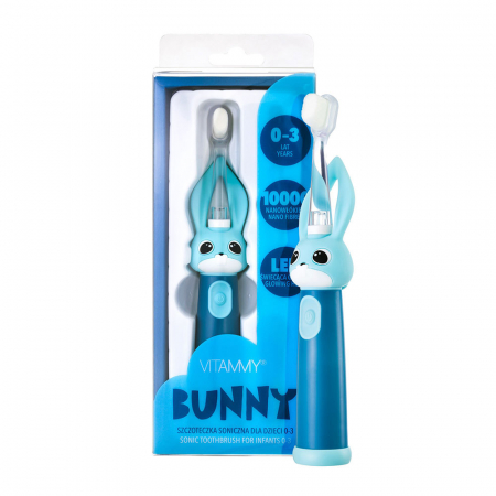 Periute de dinti electrice - Periuta de dinti electrica Vitammy Bunny Blue, pentru copii 0-3 ani, cu lumina LED, 24.000 de miscari/min, 2 programe de periaj, fibre nano