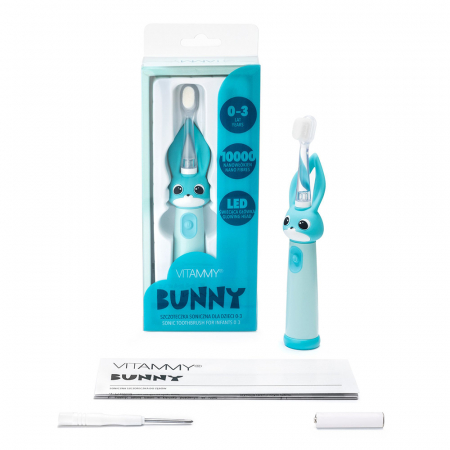 Periuta de dinti electrica Vitammy Bunny Light Blue, pentru copii 0-3 ani, cu lumina LED, 24.000 de miscari/min, 2 programe de periaj, fibre nano [8]