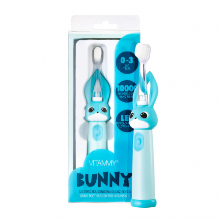 Periute de dinti electrice - Periuta de dinti electrica Vitammy Bunny Light Blue, pentru copii 0-3 ani, cu lumina LED, 24.000 de miscari/min, 2 programe de periaj, fibre nano