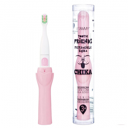 Periute de dinti electrice - Periuta de dinti electrica Vitammy Tooth Friends, pentru copii 3+, animatie Chika, tehnologie IPX6, 26.000 vibratii pe minut, 2 moduri de periaj, Roz