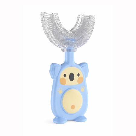 Periute de dinti electrice - Periuta de dinti U Shape, pentru copii 2-6 ani, design tip urs, cap silicon 360°, fara BPA, etui, Albastru
