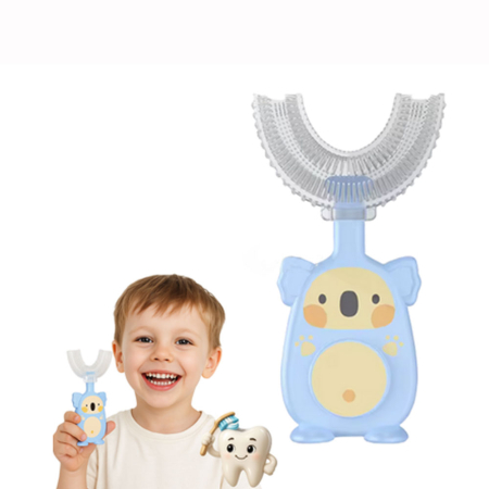 Periuta de dinti U Shape, pentru copii 2-6 ani, design tip urs, cap silicon 360°, fara BPA, etui, Albastru [1]