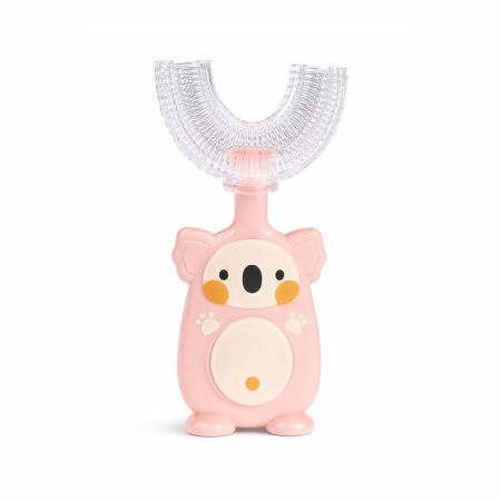 Periute de dinti electrice - Periuta de dinti U Shape, pentru copii 2-6 ani, design tip urs, cap silicon 360°, fara BPA, etui, Roz