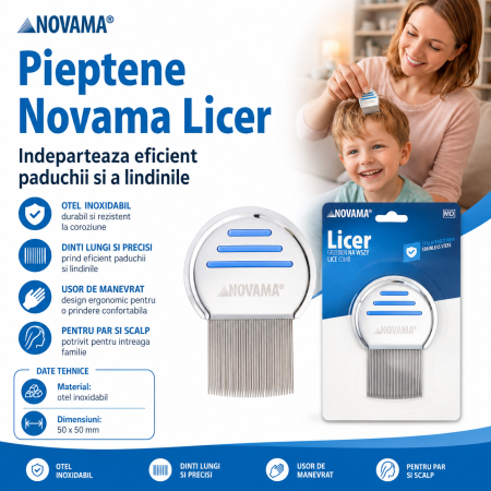 Pieptene Novama Licer pentru indepartarea paduchilor si a lindinilor, din otel inoxidabil, dinti lungi, 50 x 50 mm [1]