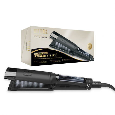Ondulatoare si placi de par - Placa de indreptat parul cu aburi Hot Tools Steamstyler, Pro Artist Black Gold collection, 38 mm, 6 trepte de temperatura, 3 setari de aburi, invelis din titan, HTST4002BGUKE