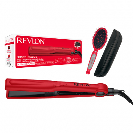 Ondulatoare si placi de par - Placa de indreptat parul Revlon Smooth Results RVST2176GPE, temperatura pana la 200 grade, husa si perie de par Revlon cadou