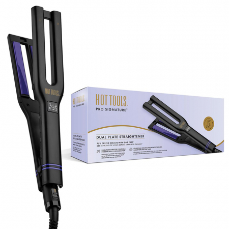 Placi de par - Placa dubla de indreptat parul Hot Tools Pro Signature HTST2589UKE, 4 placi ceramice cu carbon activ, incalzire individuala pe fiecare parte, afisaj LCD, 30 trepte de temperatura cu afisaj LED
