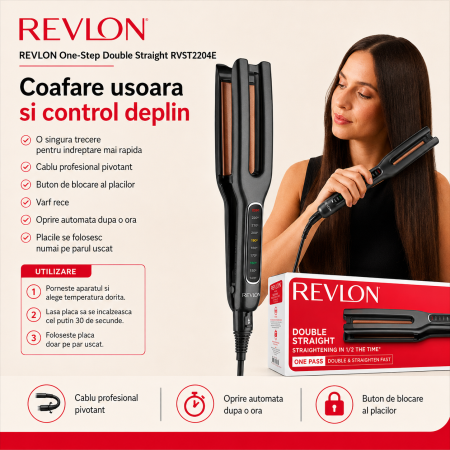 Placa dubla de indreptat parul REVLON One-Step Double Straight RVST2204E, 4 placi ceramice, 10 trepte temperatura, afisaj LCD [3]