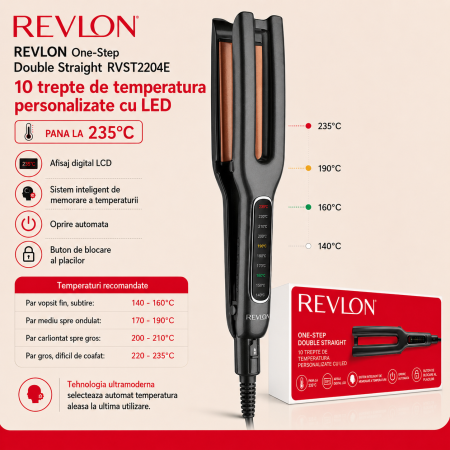 Placa dubla de indreptat parul REVLON One-Step Double Straight RVST2204E, 4 placi ceramice, 10 trepte temperatura, afisaj LCD [2]