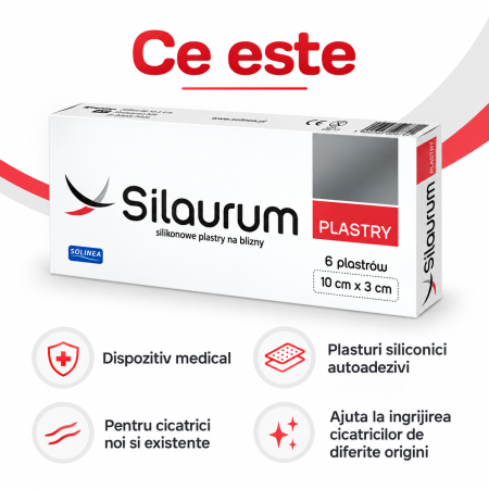 Plasturi Solinea Silaurum, dispozitiv medical, din silicon, pentru cicatrici postoperatorii, postacneice, posttraumatice si dupa arsuri [1]