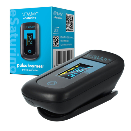Pulsoximetre - Pulsoximetru Vitammy eSaturino, masoara saturatia de oxigen din sange si pulsul, algoritm de toleranta la miscare, ecran OLED bicolor, 4 directii de afisare, Negru