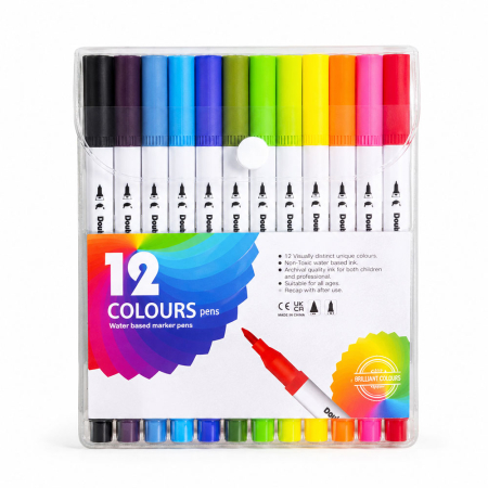 Diverse - Set 12 markere acuarelabile cu doua capete de 0.4 mm si 1-2 mm, varf tip pensula si varf subtire, pentru ilustratii, notite, caligrafie si proiecte artistice, cerneala pe baza de apa, etui cu maner