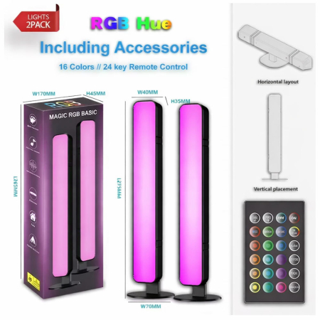 Set 2 bare LED ambientale, RGB, smart pentru tv si pc, telecomanda inclusa, efecte muzica, iluminare decorativa, abs, montaj vertical sau orizontal, 4.1 x 3.5 x 24.8 cm [1]
