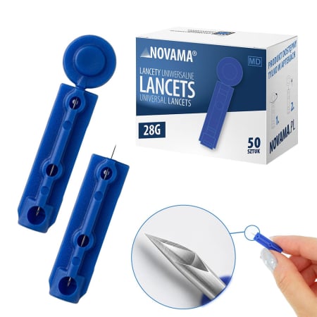 Monitorizare medicala - Set 50 ace de intepare (lancete) Novama Lancets, sterile, compatibile cu dispozitivele standard de intepare, din otel inoxidabil chirurgical, grosime ac 28 G
