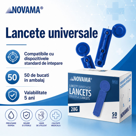 Set 50 ace de intepare (lancete) Novama Lancets, sterile, compatibile cu dispozitivele standard de intepare, din otel inoxidabil chirurgical, grosime ac 28 G [1]