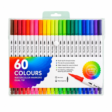 Electrocasnice mici si accesorii - Set 60 markere acuarelabile cu doua capete de 0.4 mm si 1-2 mm, varf tip pensula si varf subtire, pentru ilustratii, notite, caligrafie si proiecte artistice, cerneala pe baza de apa, etui cu maner