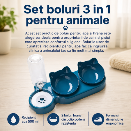 Set boluri 3 in 1 pentru animale, recipient apa 500 ml, 2 boluri hrana din polipropilena rezistenta, forma si dimensiune ergonomica, Albastru [1]