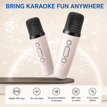 Set boxa Karaoke cu 2 microfoane wireless, stil retro, Bluetooth 5.2, 6 moduri de sunet stereo HD 360°, Hi-Fi 3D Bass, incarcare USB-C, raza actiune 10m [1]