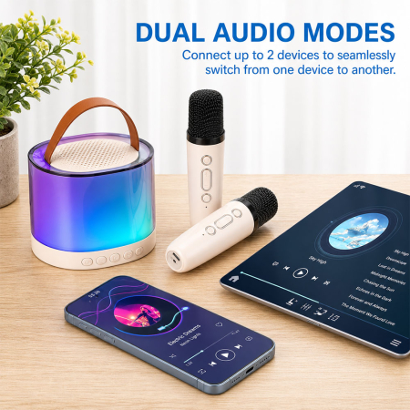 Set boxa Karaoke cu 2 microfoane wireless, stil retro, Bluetooth 5.2, 6 moduri de sunet stereo HD 360°, Hi-Fi 3D Bass, incarcare USB-C, raza actiune 10m [3]
