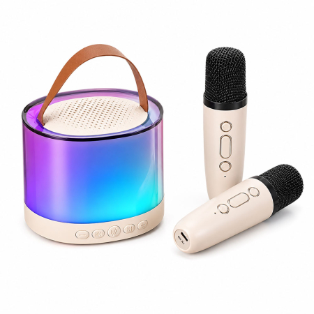 Electrocasnice & climatizare - Set boxa Karaoke cu 2 microfoane wireless, stil retro, Bluetooth 5.2, 6 moduri de sunet stereo HD 360°, Hi-Fi 3D Bass, incarcare USB-C, raza actiune 10m