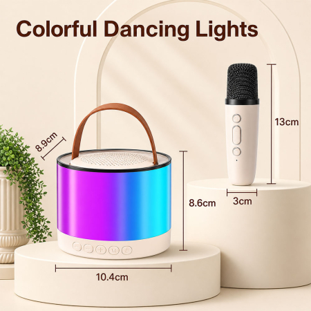Set boxa Karaoke cu 2 microfoane wireless, stil retro, Bluetooth 5.2, 6 moduri de sunet stereo HD 360°, Hi-Fi 3D Bass, incarcare USB-C, raza actiune 10m [2]