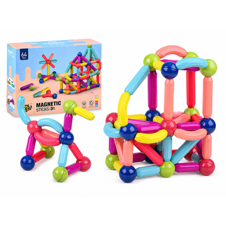 Diverse - Set de constructie educational Magnetic Sticks, 64 piese magnetice, dezvolta creativitatea si abilitatile manuale ale copiilor, 16 piese scurte, 22 piese lungi, 18 bile, 8 arcuri