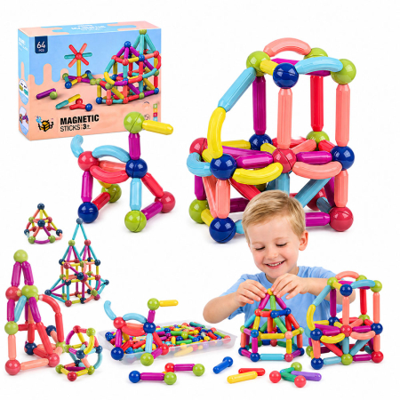 Set de constructie educational Magnetic Sticks, 64 piese magnetice, dezvolta creativitatea si abilitatile manuale ale copiilor, 16 piese scurte, 22 piese lungi, 18 bile, 8 arcuri [1]