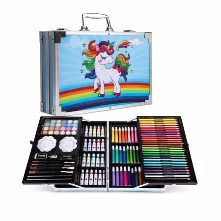 Electrocasnice & climatizare - Set desen copii 145 piese, valiza portabila, creioane, carioci, acuarele, acrilice, pensule, ascutitoare, radiere, unicorn, Albastru