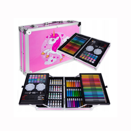 Set desen copii 145 piese, valiza portabila, creioane, carioci, acuarele, acrilice, pensule, ascutitoare, radiere, unicorn, Roz [2]