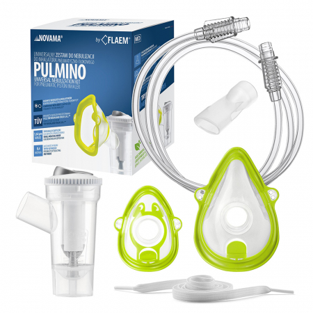 Accesorii aparate aerosoli - Kit accesorii universale Novama Pulmino, pentru aparate aerosoli cu compresor, pahar RF7 Dual Speed Child, masti Soft Touch pentru copii si adulti, piesa bucala, furtun