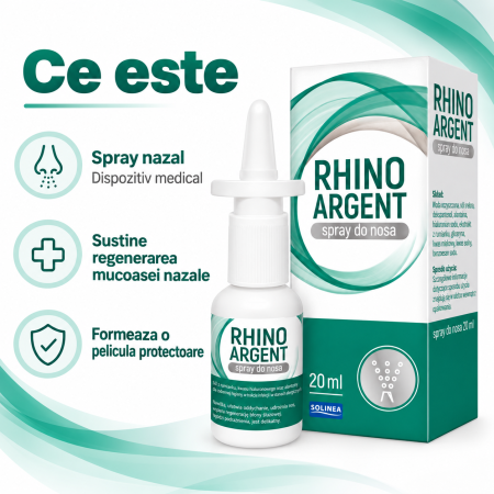 Spray nazal Solinea Rhinoargent, dispozitiv medical cu argint coloidal, cupru coloidal si ulei de eucalipt, protectia si regenerarea mucoasei nazale, copii si adulti, 20 ml [1]