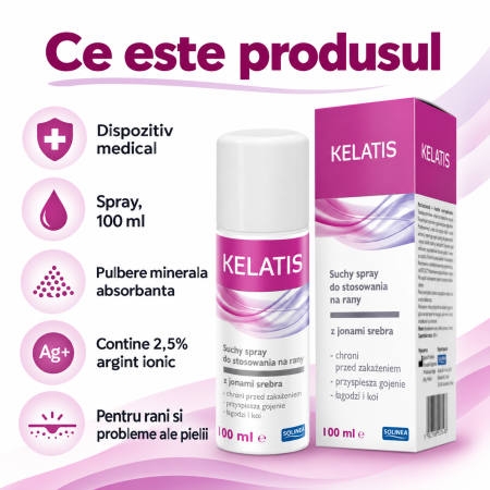 Spray pentru rani Solinea Kelatis, pulbere minerala absorbanta cu 2,5% argint ionic, dispozitiv medical, 100 ml [1]