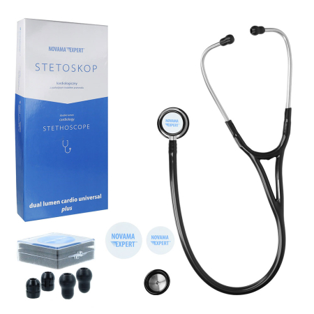 Stetoscoape - Stetoscop cardiologic Novama Expert, cap dublu din otel inoxidabil, 2 seturi de olive auriculare din silicon, o diafragma de schimb, Negru