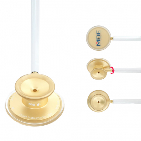 Stetoscop cu cap dublu MDF Acoustica Deluxe 747XP, pentru adulti, fabricat manual din aluminiu premium, supapa acustica complet rotativa, 3 olive auriculare din silicon, Auriu/ Alb [3]