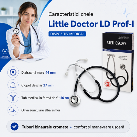 Stetoscop Little Doctor LD Prof I, stetoscop metalic utilizabil pe ambele parti, diafragma mare, Negru/Inox [3]