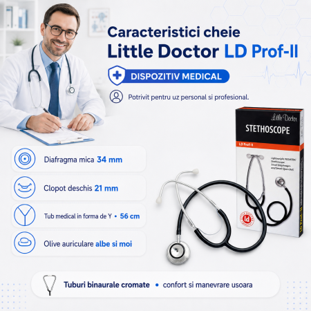 Stetoscop Little Doctor LD Prof II, stetoscop metalic utilizabil pe ambele parti, diafragma mica, Negru/Inox [4]